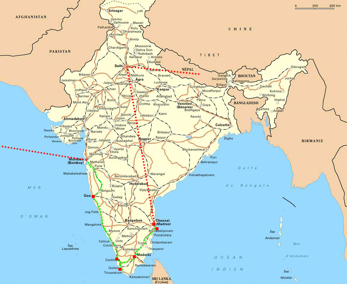 carte de notre parcours en Inde du sud